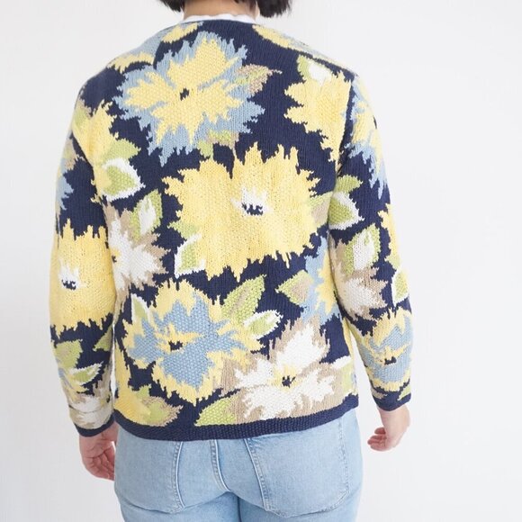 Vintage Susan Bristol Navy Yellow Knit Floral Button Up Cardigan Sweater S - Picture 3 of 10